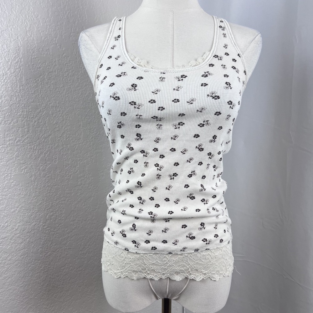 Y2K Energie Tank Top Womens Medium White Floral Lace Trim Coquette Fairy Cottage